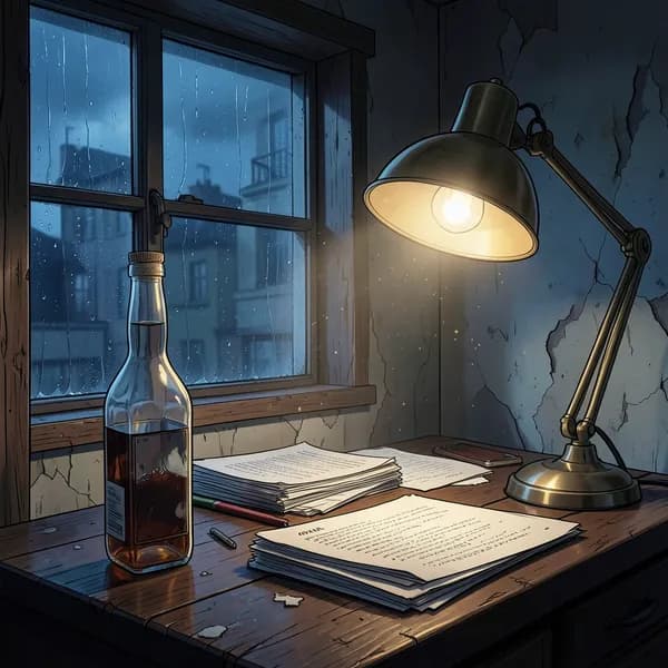 A cluttered detective desk with a half-empty bottle of rye and a flickering neon light casting long shadows.
