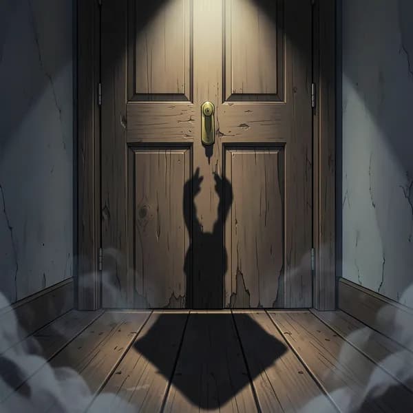 A menacing shadow of a large man stretching beneath a wooden office door.