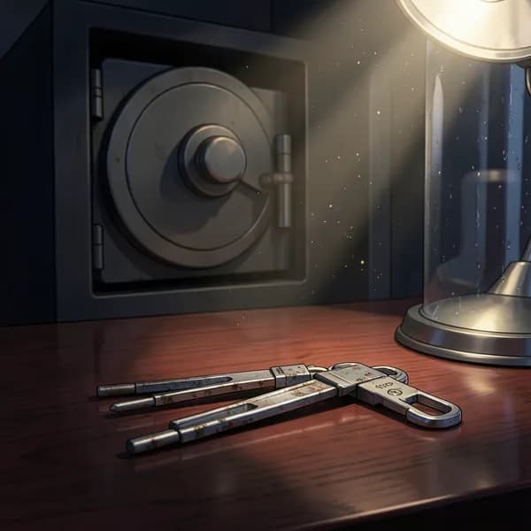 A set of tarnished steel lockpicks resting on a polished mahogany desk near a heavy, open wall safe.