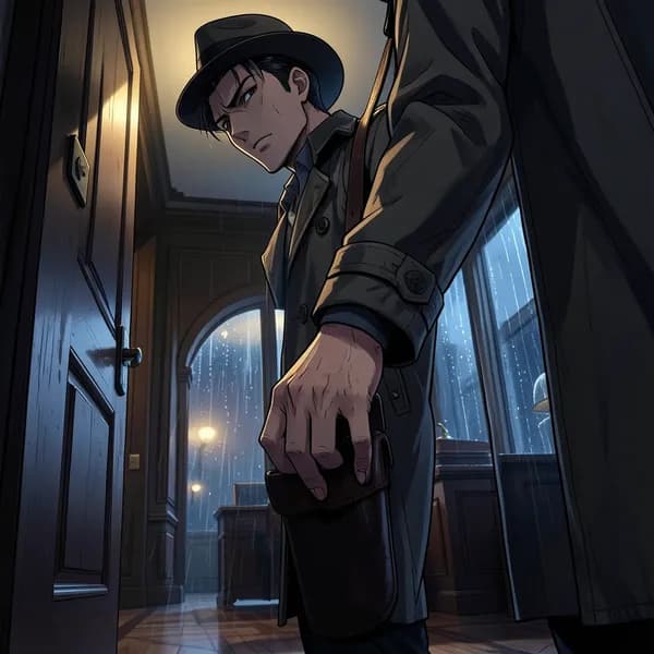 A silhouette of a detective in a trench coat standing in a doorway with a hand on his holster.
