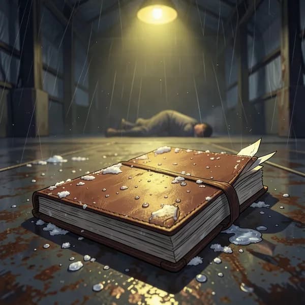 A salt-crusted, leather-bound ledger lies open on a rusted metal warehouse floor, illuminated by a single harsh, hanging light bulb.