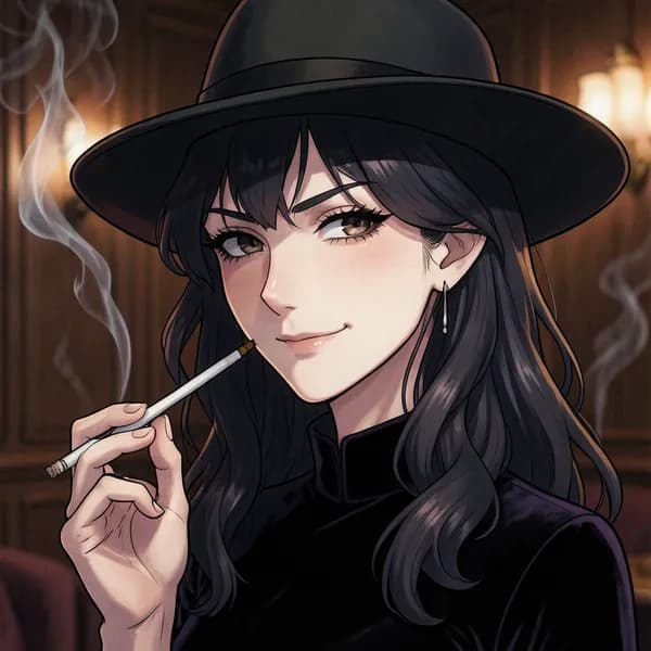 A mysterious woman in a dark velvet dress holds a long cigarette holder, smoke curling around her face in a dim bar.