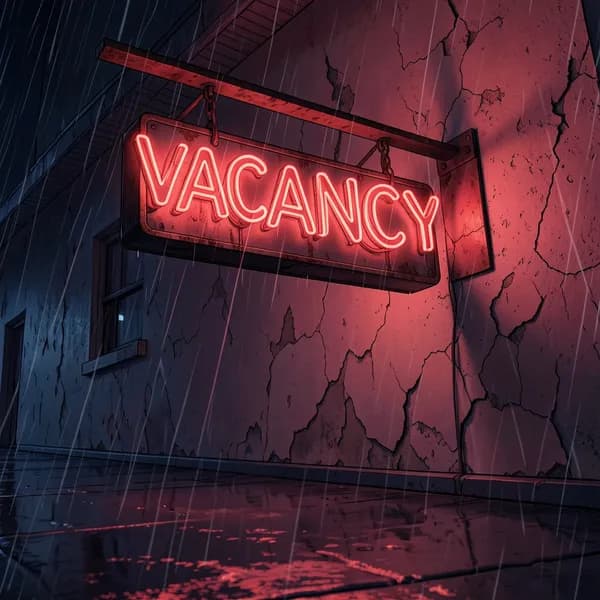 A flickering neon vacancy sign buzzing in the rain above a dark motel door.