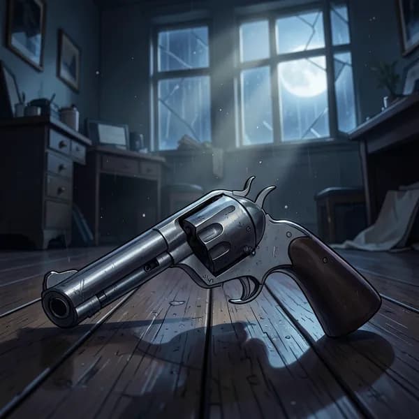A heavy, vintage 1940s revolver lying on dark, dusty mahogany floorboards in a dimly lit office.