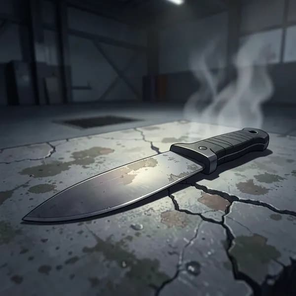 A close-up of a discarded training knife lying on the cold concrete floor, with steam rising from a nearby vent.