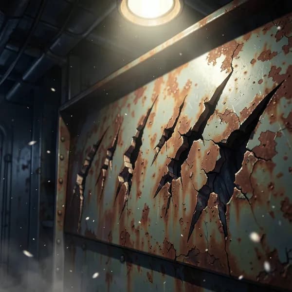 A close-up of a rusted metal bulkhead inside a freighter, showing deep, aggressive claw marks and floating metallic dust particles.