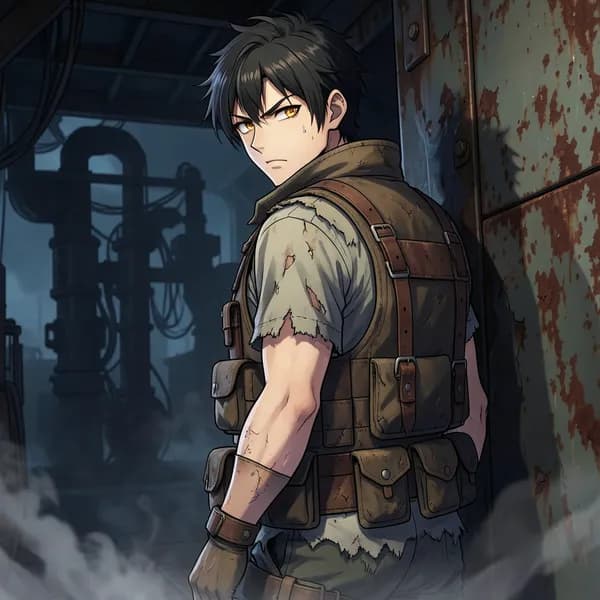 A young male scavenger with messy dark hair looking over his shoulder with a defiant expression in a dark, rusted corridor.