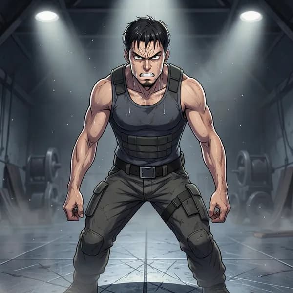 A lone, athletic trainee stands in the center of a metallic combat pit, sweat-drenched and tense.