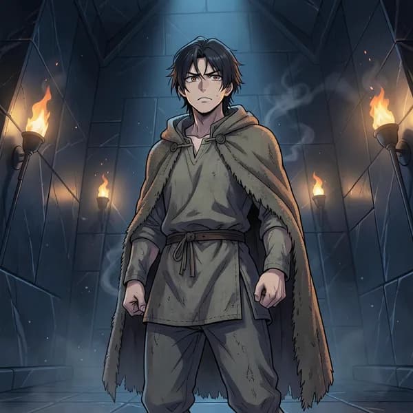 A slender young man stands alone in a massive, dark stone hall, looking small against the towering obsidian architecture.