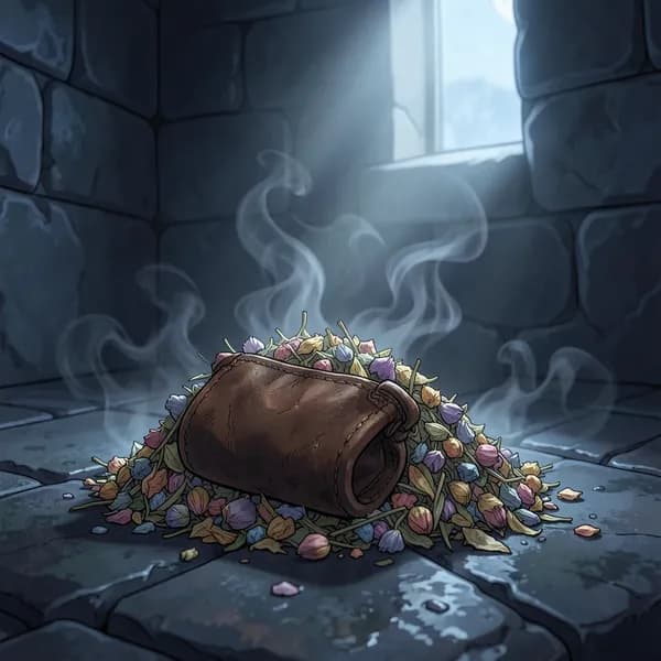 A small, worn leather pouch spilling dried, crushed herbs onto a cold stone floor.