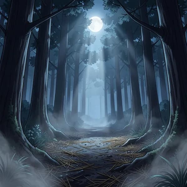 A clearing in an ancient forest at night, illuminated by silver moonlight, with pine needles covering the dark, damp earth.