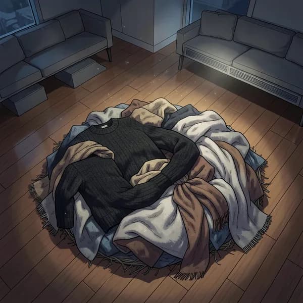 A pile of various textured fabrics, including a heavy wool sweater and soft blankets, heaped into a circular nest on a hardwood floor.
