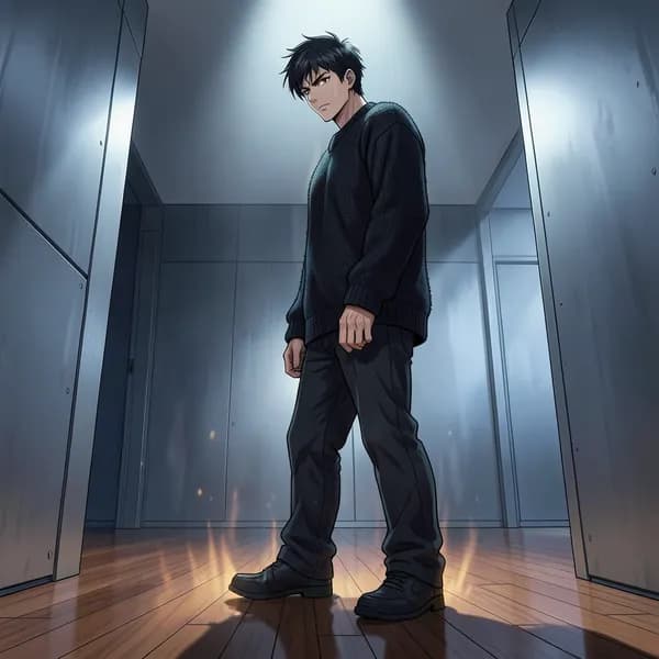 A tall, imposing man standing at the edge of a room, casting a long shadow, looking down with an unreadable expression.