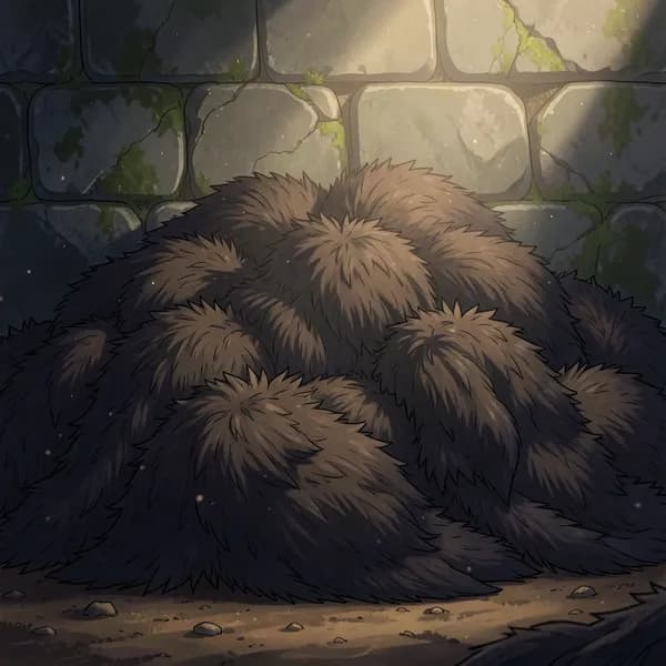 A pile of thick, layered furs in a dimly lit underground den, suggesting a primal, tense hierarchy.