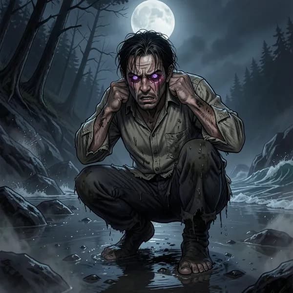 A disheveled man crouching on a dark, wet beach at night, looking toward a looming forest.