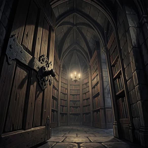 A heavy, ornate iron latch on a massive oak door, slightly ajar, revealing a sliver of a cavernous library.