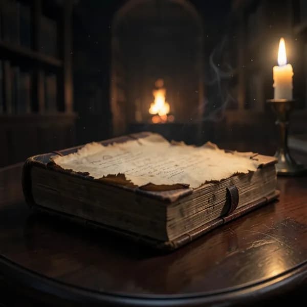 A close-up of an ancient, weathered ledger with jagged binding resting on a dark mahogany desk in a dim library.