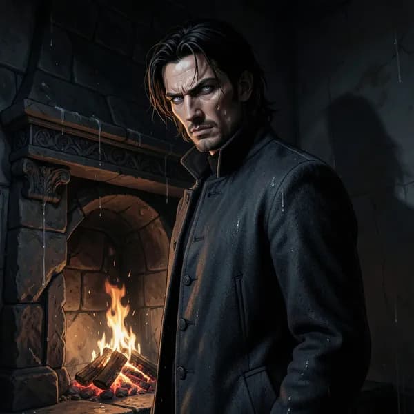 A tall, elegant man with sharp features standing in a dim library, casting no shadow.