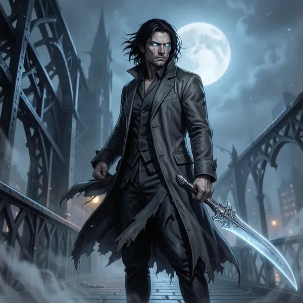 A tall, mysterious reaper figure stands on a dark iron bridge, his coat billowing in the thick, unnatural mist.