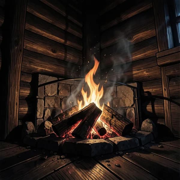 A rustic cabin hearth with dying embers casting long, jagged shadows against rough-hewn pine walls.
