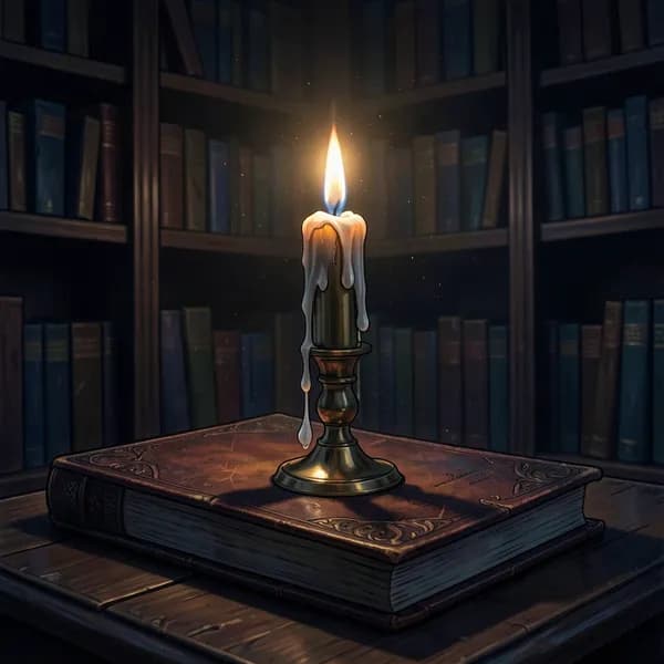 A flickering candle on a dark mahogany desk illuminating an ancient, open ledger in a shadowy library.