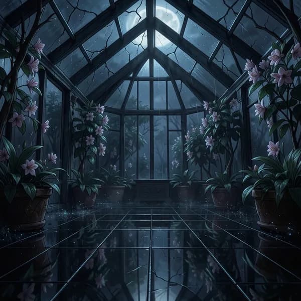 A close-up of dark obsidian tiles reflecting the eerie, bioluminescent glow of exotic plants in a moonlit conservatory.