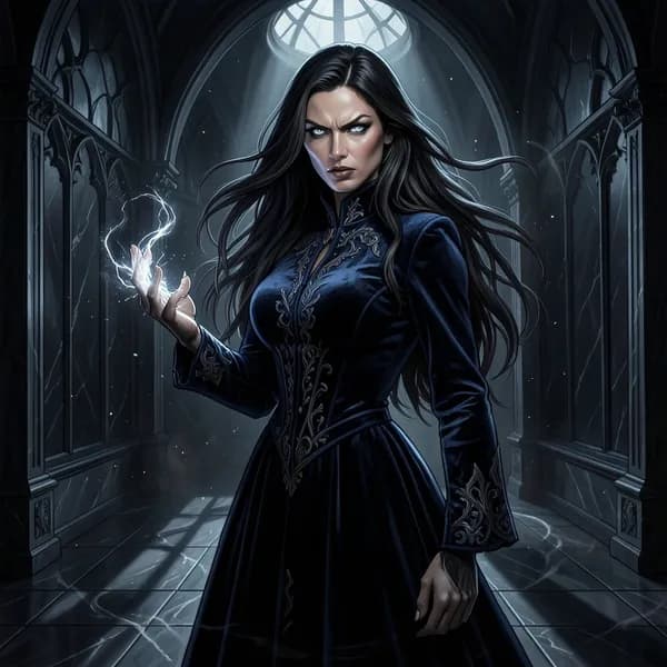 A woman with a regal, sharp expression, her fingers glowing with ethereal magic, standing in a dark, opulent room.