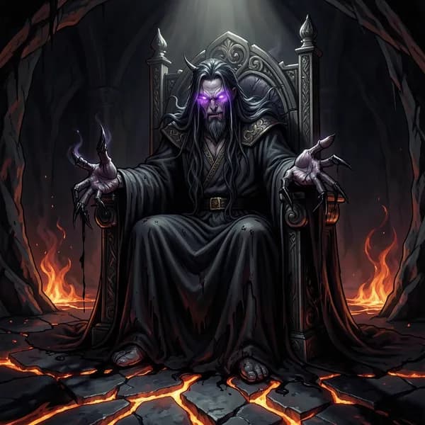 A tall, otherworldly figure with glowing violet eyes rises from the shadows of a throne.