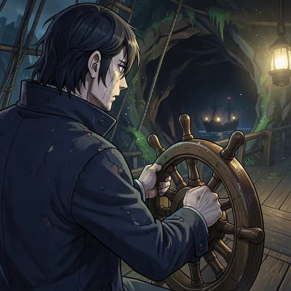 A weary captain standing at the ship's wheel, looking toward the cave entrance where enemy lanterns flicker in the dark.