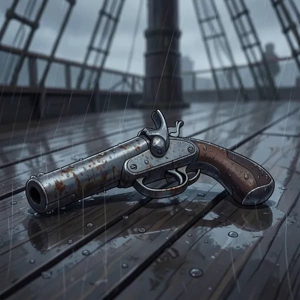 A rusted flintlock pistol resting on a rain-slicked wooden deck, symbolizing the brewing tension of a mutiny.