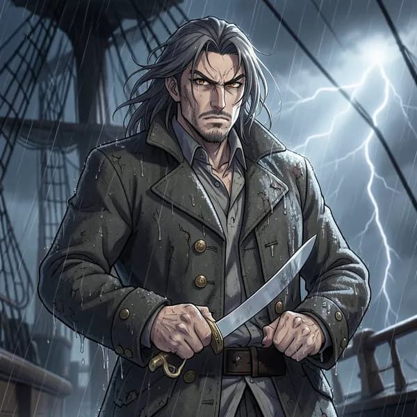 A weathered sea captain with a defiant expression, hand gripping his sword hilt in the rain.