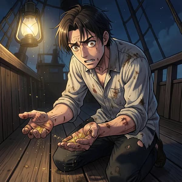 A desperate pirate with gold dust on his hands cowering on a wooden ship deck.
