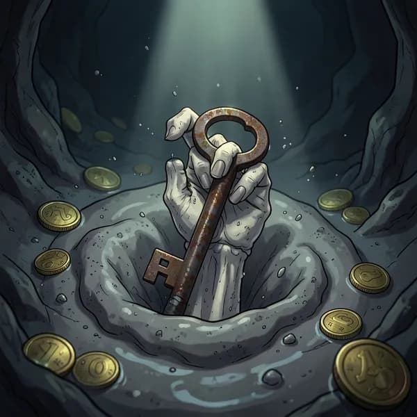 A skeletal hand emerging from the seafloor silt, tightly clutching a rusted, ancient iron key amidst scattered gold coins.