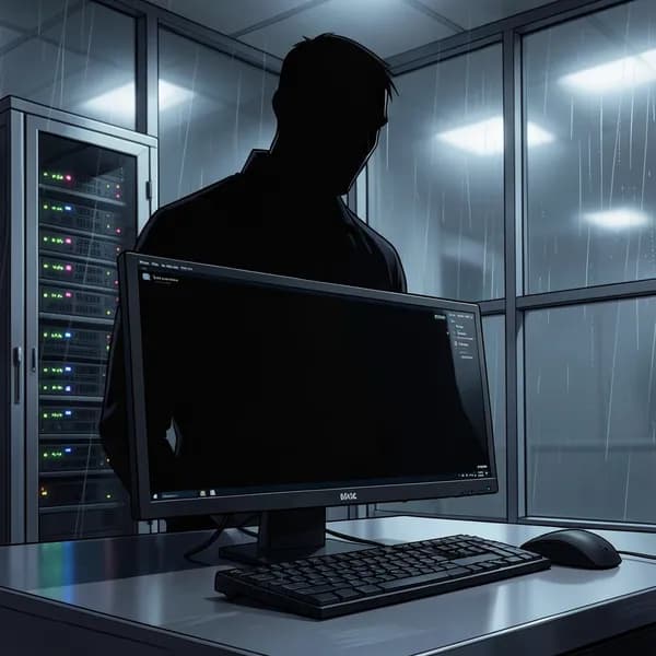 A dark, looming shadow of an authoritative figure cast over a computer terminal in a secure room.