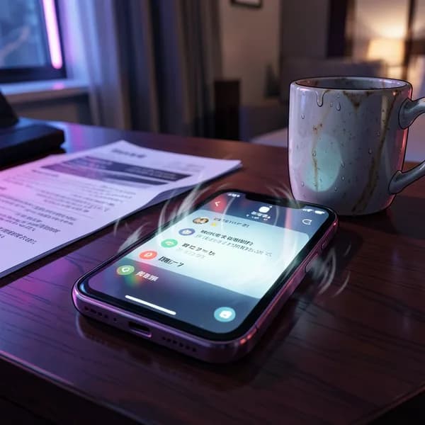 A smartphone vibrating on a cluttered wooden desk next to a half-empty cup of coffee.