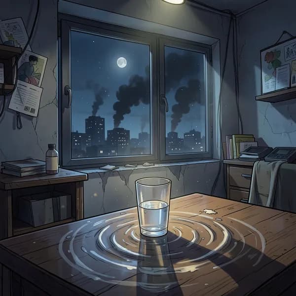 A dimly lit apartment interior with a glass of water vibrating on a desk, overlooking a smoke-filled city skyline.