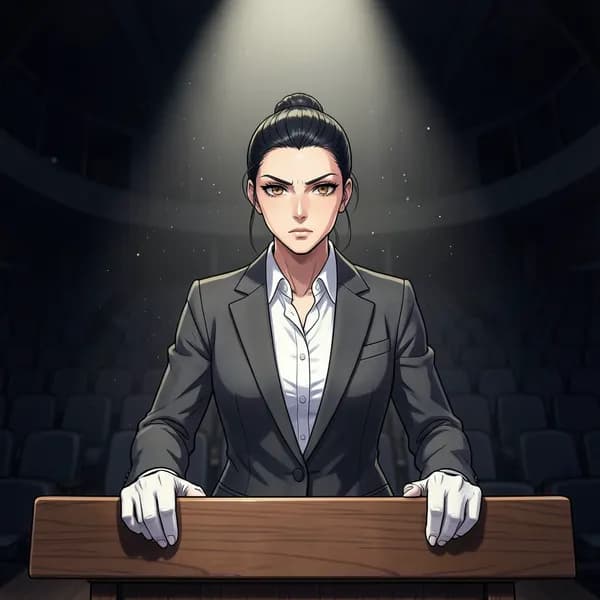 A female diplomat stands at a wooden podium in a dark, cavernous hall, looking tense and focused.