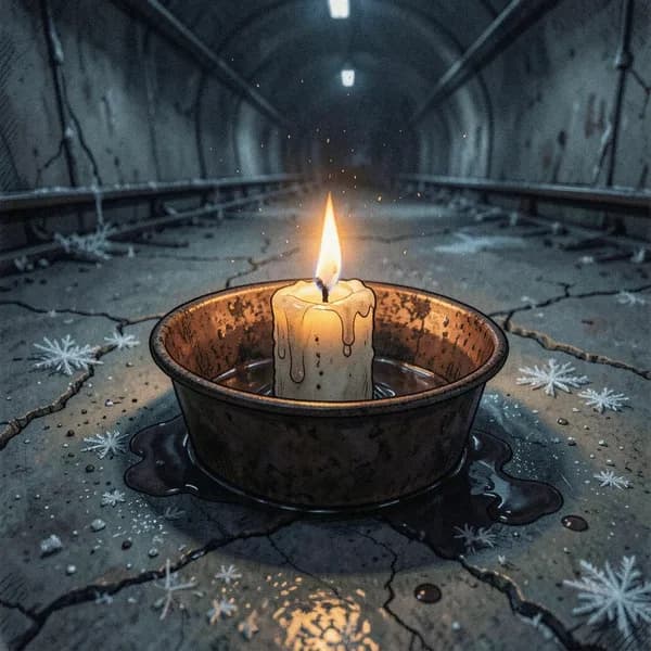 A single candle burns in a cracked metal basin, casting long shadows on a frozen, soot-covered subway tunnel floor.