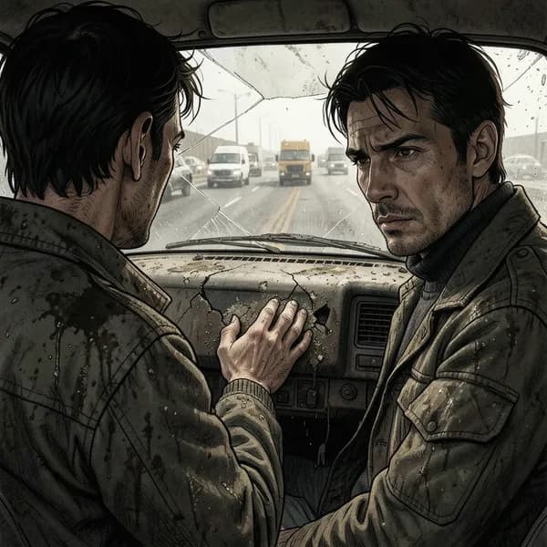 A man in a worn work jacket touches the dusty, broken dashboard of a rusted car on a highway.