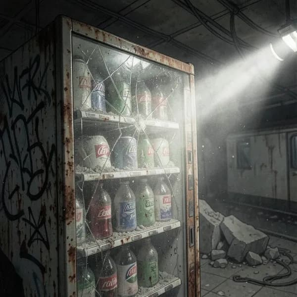A rusted, abandoned vending machine in a dark subway station, covered in dust and grime.