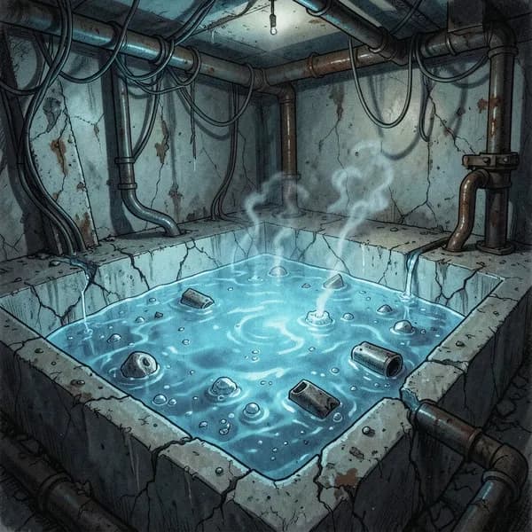 A glowing blue radioactive pool in a rusted industrial basement.