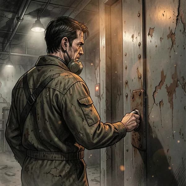 A man in a worn engineering suit standing before a heavy steel door.