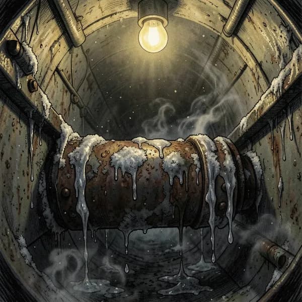 A rusted, leaking iron pipe in a cramped, soot-covered maintenance shaft with frost creeping over the metal rivets.