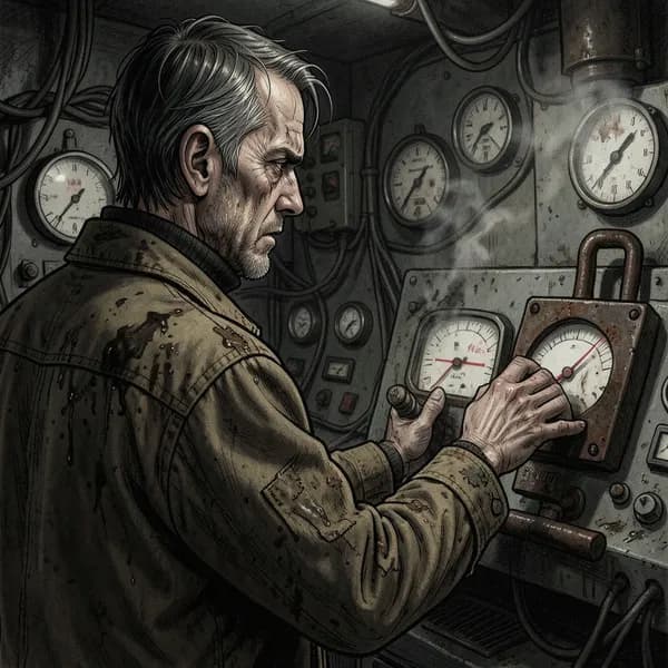 A weary maintenance foreman with a furrowed brow, hand hovering over a rusted override lever in a dim control room.