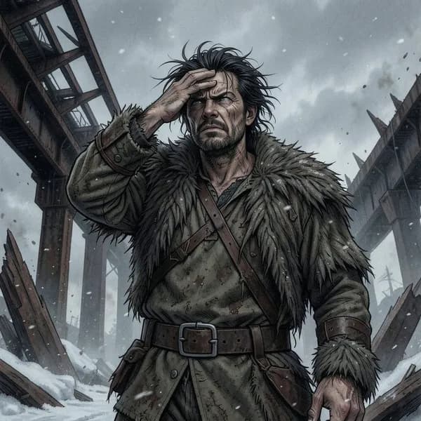 A weary scavenger in tattered furs looks up at the sky, his face etched with exhaustion and cold.