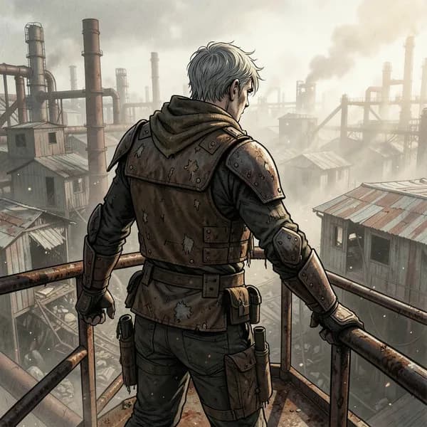 A stern warlord stands on a rusted catwalk, looking down at a settlement with cold authority.