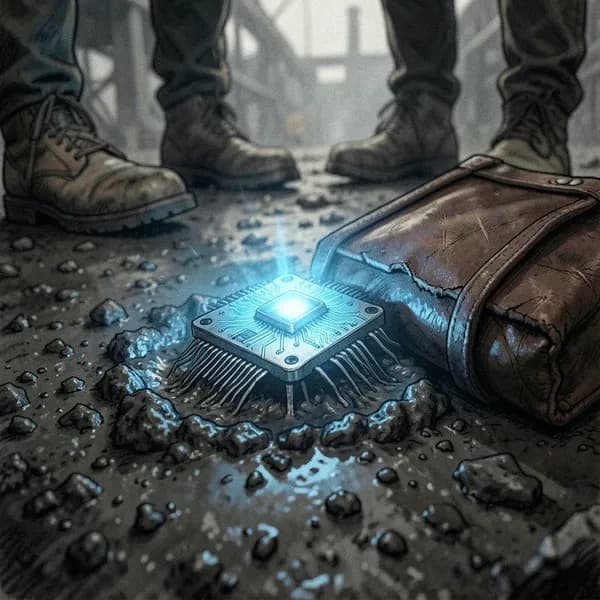 A glowing, pristine microchip lies in the dark, wet mud, emitting a sharp blue light.