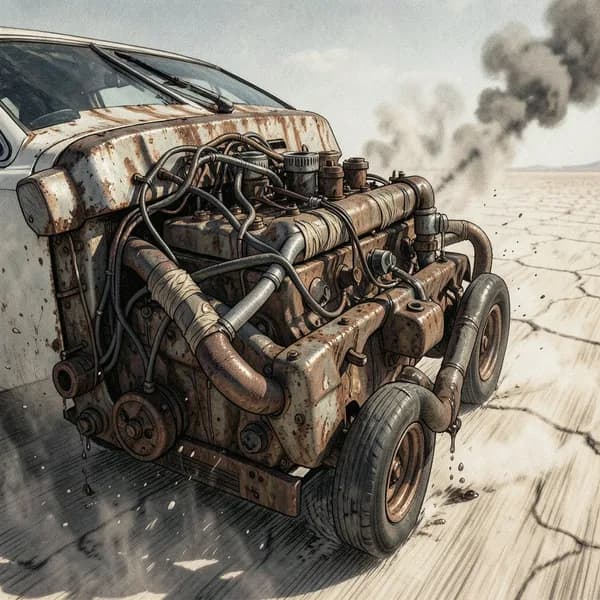 A close-up of a rusted, overheating V8 engine block vibrating violently in the desert heat.
