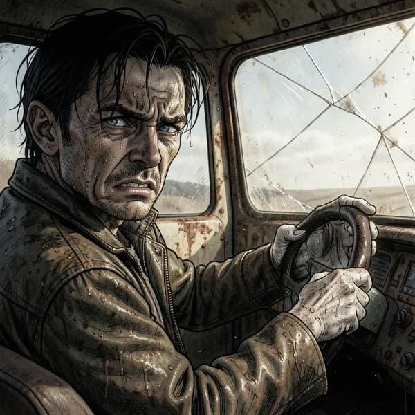 A man with grease-stained hands gripping a steering wheel, looking intensely through a cracked windshield.