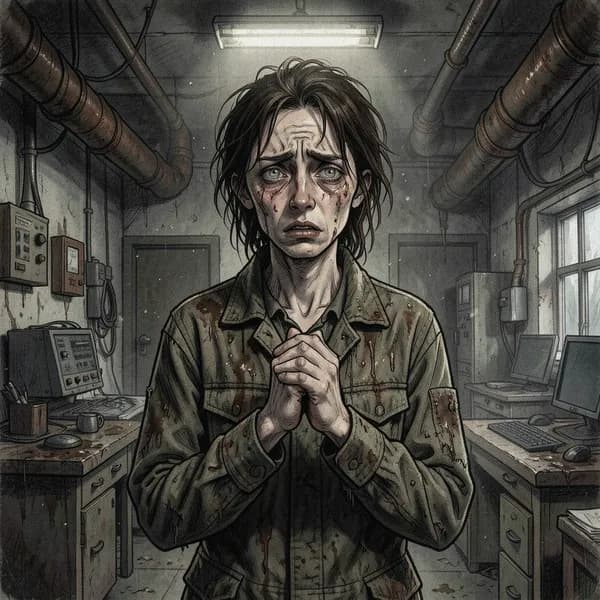 A desperate woman with dust-caked skin stands in a dimly lit, industrial office, looking pleadingly toward the camera.